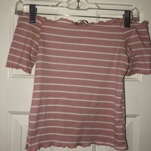 Off the shoulder pink and white slight crop top